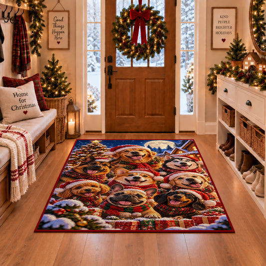 holiday dogs in festive hats and scarves in snow area rug, holiday room view 1