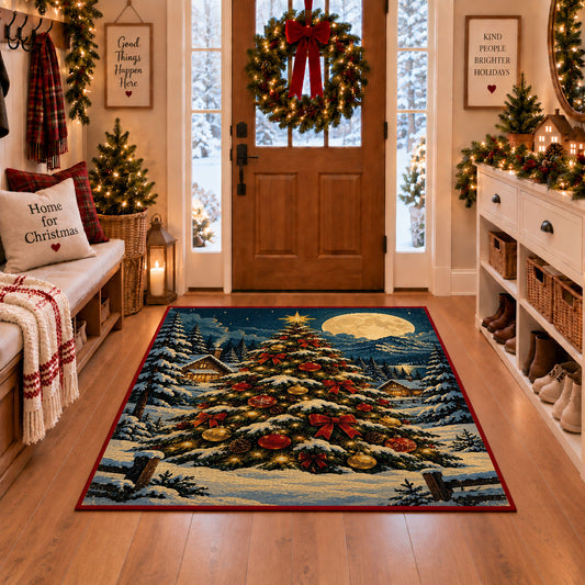 decorated Christmas tree in a snowy forest under the moon area rug, holiday room view 1