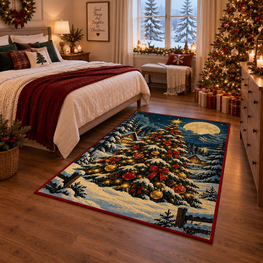 decorated Christmas tree in a snowy forest under the moon area rug, holiday room view 6
