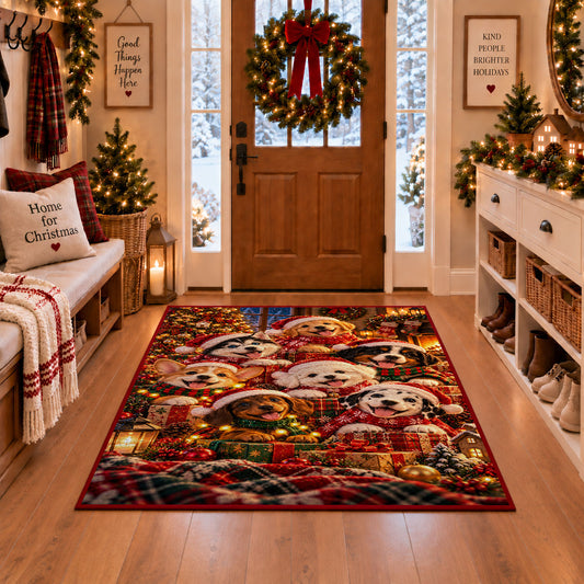 puppies in scarves around Christmas greenery and gifts area rug, holiday room view 1
