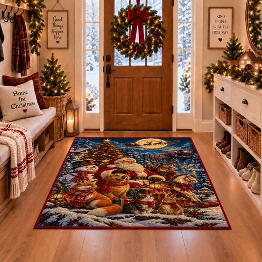 Santa with woodland animals around a tree and gifts area rug, holiday room view 1