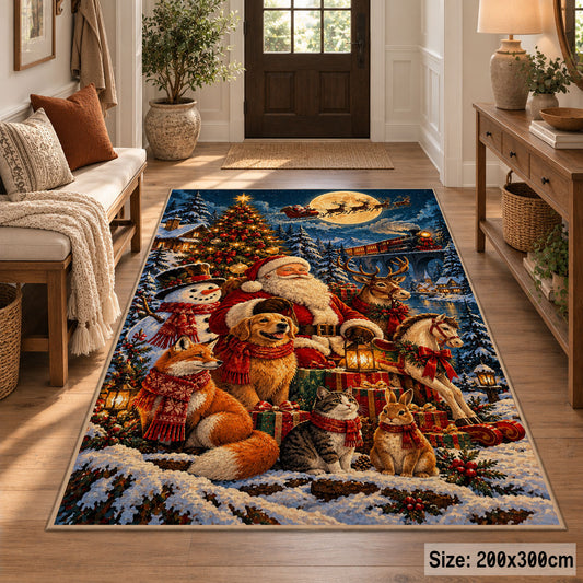 Santa with woodland animals around a tree and gifts area rug, holiday room view 2
