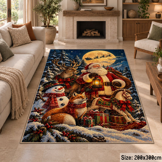 Santa holding a lantern beside deer, fox and snowman area rug, holiday room view 8