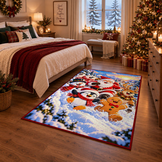 Santa and cheerful snowmen in bright snowy woodland area rug, holiday room view 6