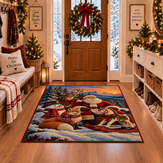 Santa with deer, fox and snowman beside his sleigh area rug, holiday room view 1