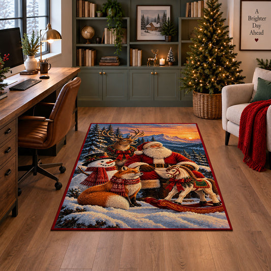 Santa with deer, fox and snowman beside his sleigh area rug, holiday room view 4