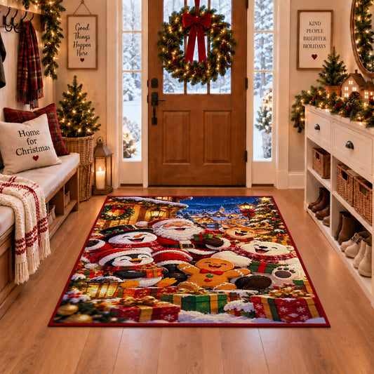 Santa, penguin, snowmen and gingerbread with colorful gifts area rug, holiday room view 1