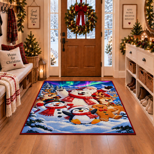 snowman, penguin, gingerbread and reindeer in colorful winter snow area rug, holiday room view 1