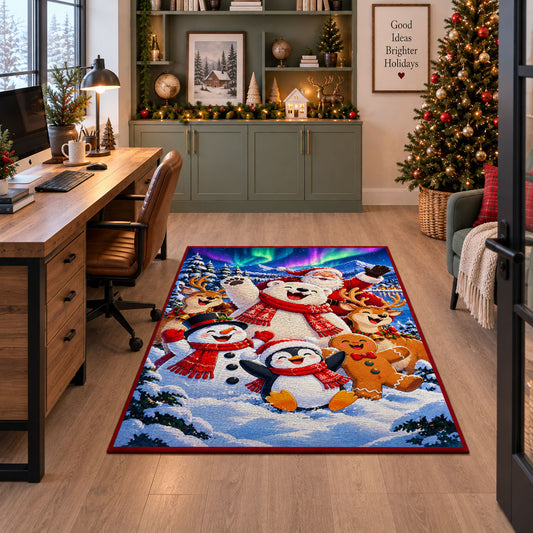 snowman, penguin, gingerbread and reindeer in colorful winter snow area rug, holiday room view 7
