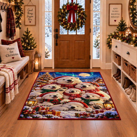 fluffy white puppies wearing winter hats around presents area rug, holiday room view 1