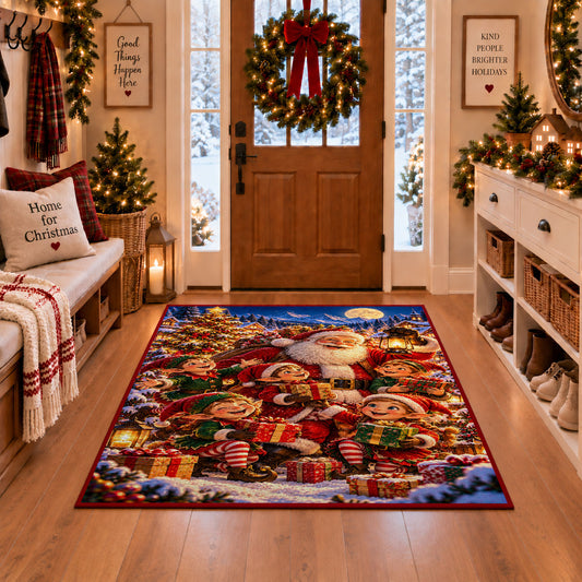 Santa with friendly woodland animals and wrapped gifts area rug, holiday room view 1
