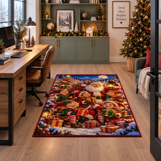 Santa with friendly woodland animals and wrapped gifts area rug, holiday room view 7