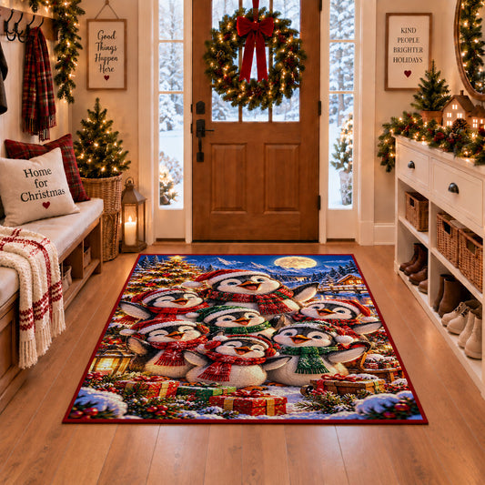 penguin family wearing scarves by a snowy village tree area rug, holiday room view 1