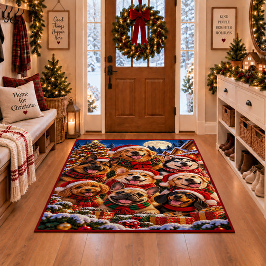 dogs in Christmas hats gathered by snowy fir trees area rug, holiday room view 1