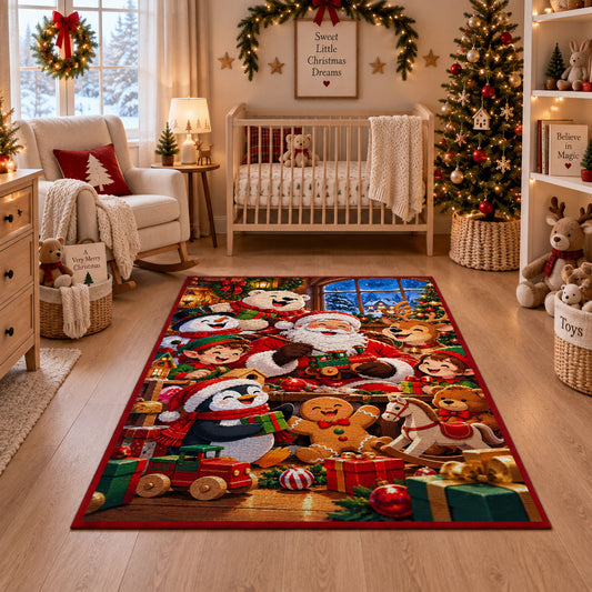 Santa, penguin and gingerbread friends with holiday gifts area rug, holiday room view 10
