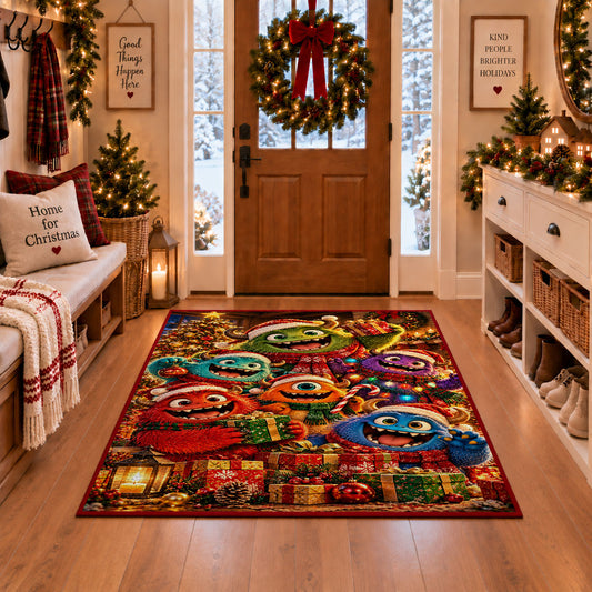 colorful friendly monsters wearing scarves around Christmas presents area rug, holiday room view 1