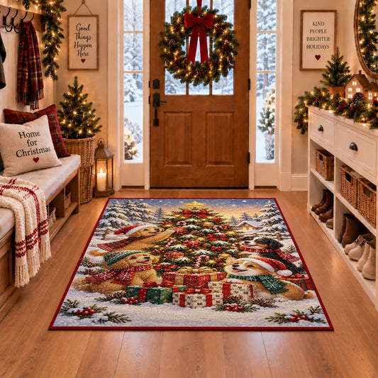 woodland animals around a decorated tree and gifts in snow area rug, holiday room view 1