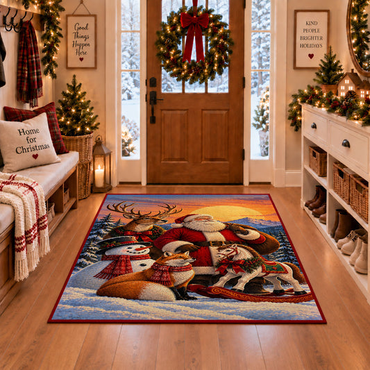 Santa with deer, fox and snowman in moonlit woods area rug, holiday room view 1