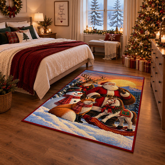 Santa with deer, fox and snowman in moonlit woods area rug, holiday room view 6