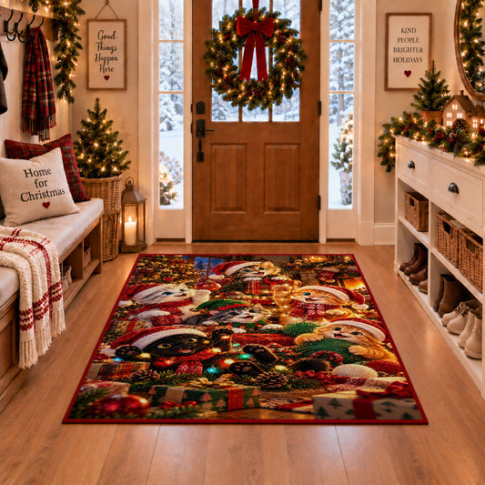 Santa and puppies in holiday hats beside gifts area rug, holiday room view 1