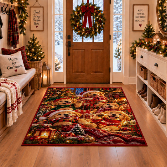 Santa with dogs, lantern and pine branches area rug, holiday room view 1