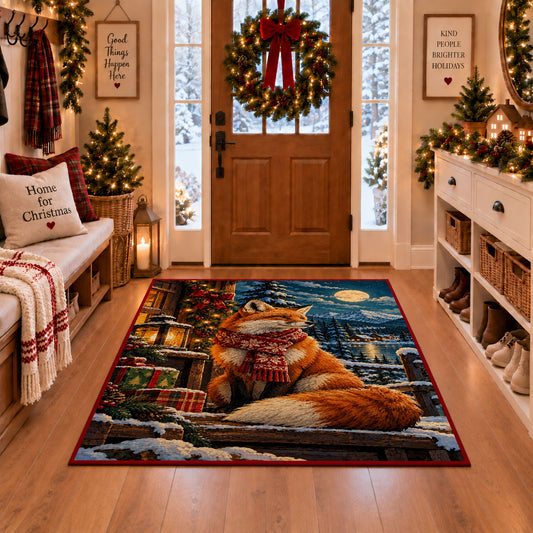 red fox in winter scarf by gifts near a snowy cabin area rug, holiday room view 1