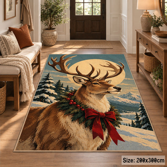 large reindeer portrait with a holiday wreath and red bow area rug, holiday room view 2
