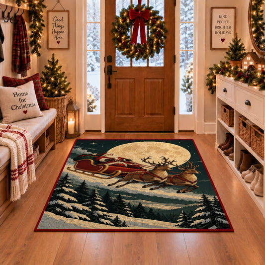 Moonlit reindeer sleigh over a snowy forest Christmas area rug, view 1