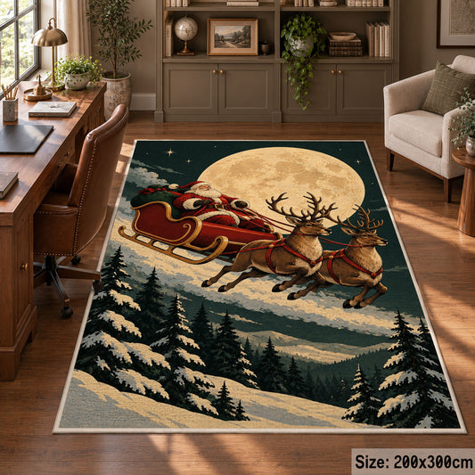 Moonlit reindeer sleigh over a snowy forest Christmas area rug, view 5