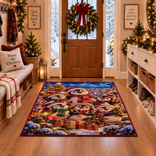a cheerful snowman family gathered around a glowing Christmas tree and wrapped gifts Christmas area rug, room view 1