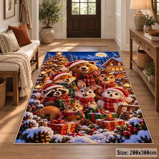 a group of woodland animals in winter scarves beside a Christmas tree and colorful presents Christmas area rug, room view 2