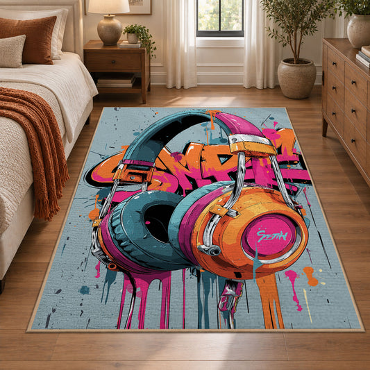 Colorful graffiti headphones area rug in a bedroom
