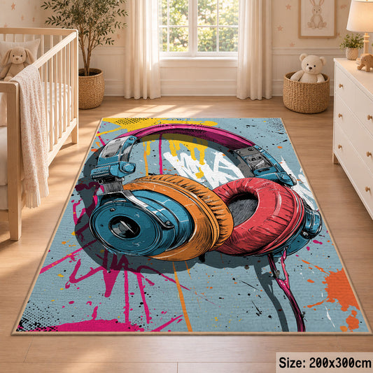 Paint-Splashed Headphones area rug displayed in a nursery