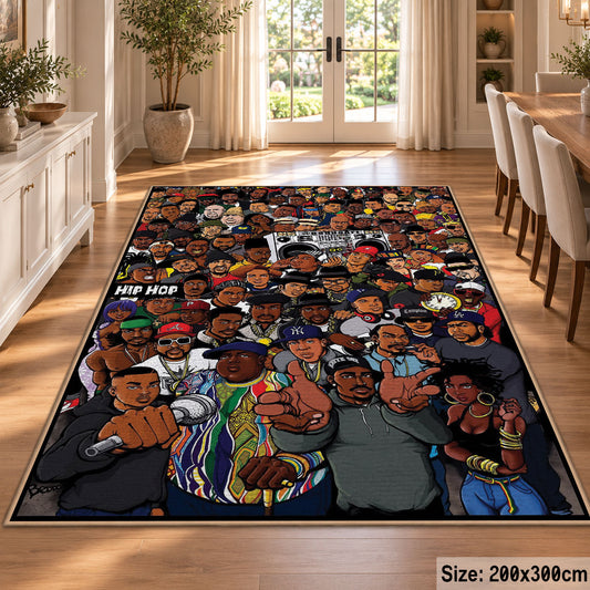 Hip Hop Crowd Collage area rug displayed in a dining room