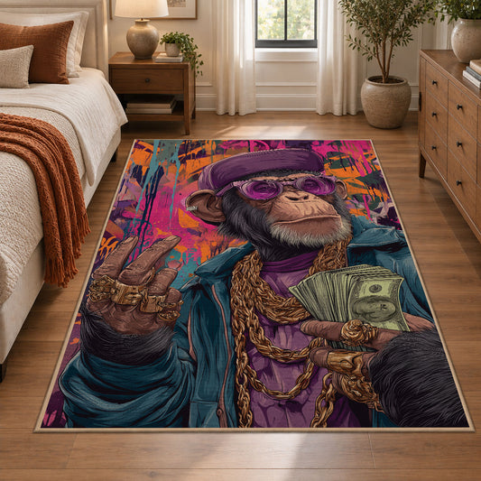 Cosmic Explorer Collage area rug displayed in a bedroom