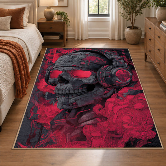 Red Skull Street Art area rug displayed in a bedroom