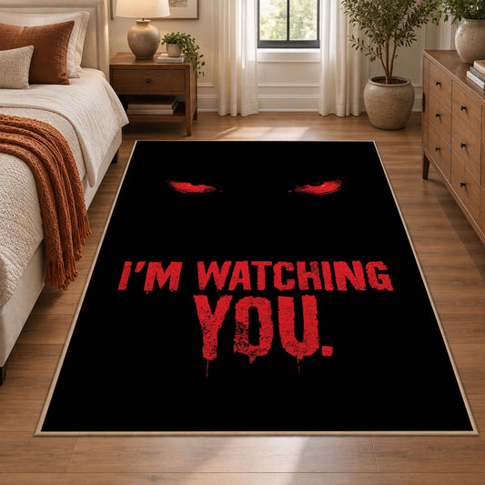 Watching Eyes Typography area rug displayed in a bedroom