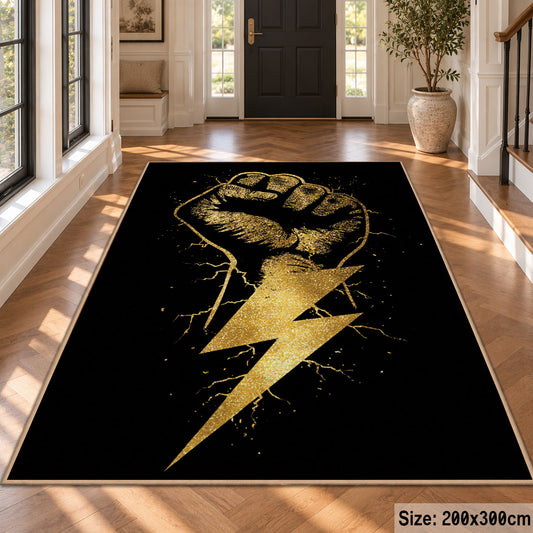 Golden Fist Lightning area rug displayed in a foyer