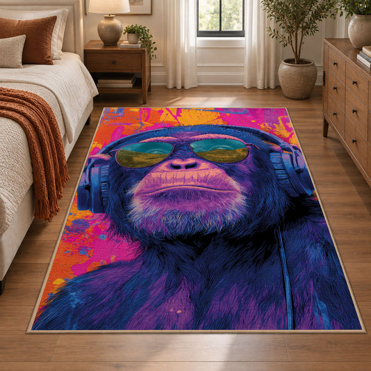 Colorful Gorilla Portrait area rug displayed in a bedroom