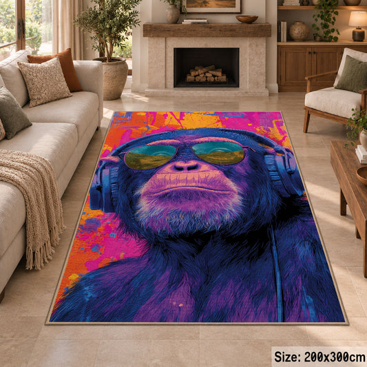 Colorful Gorilla Portrait area rug displayed in a sitting room