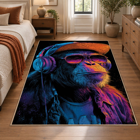 Neon Gorilla Portrait area rug displayed in a bedroom
