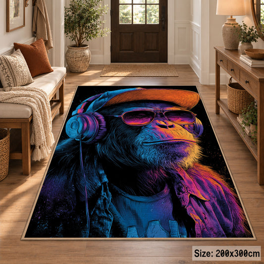 Neon Gorilla Portrait area rug displayed in a entryway