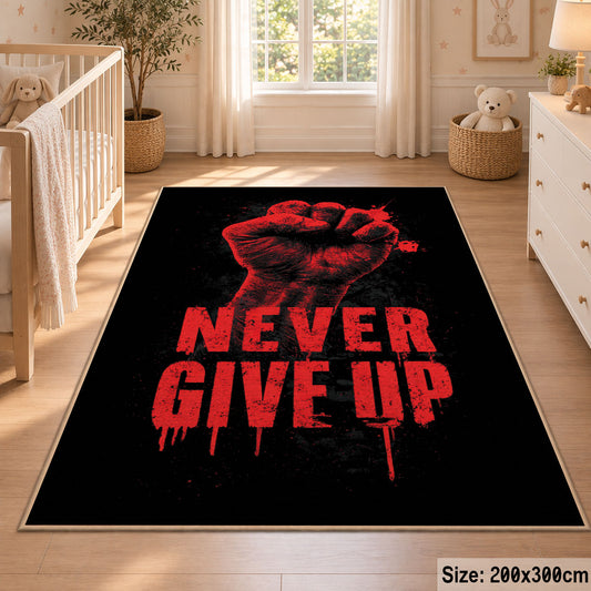 Never Give Up Graphic area rug displayed in a nursery