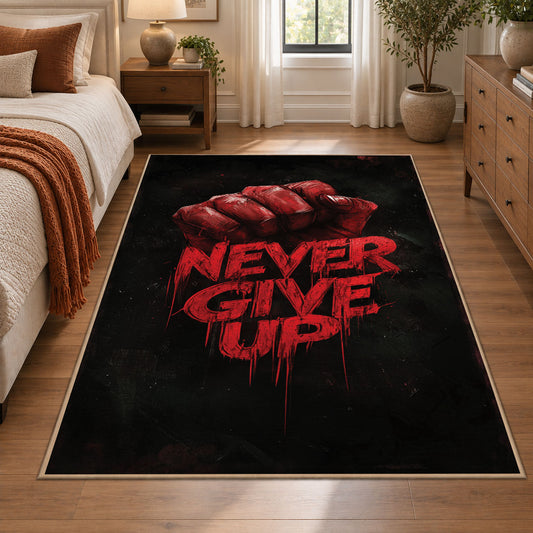 Never Give Up Fist area rug displayed in a bedroom