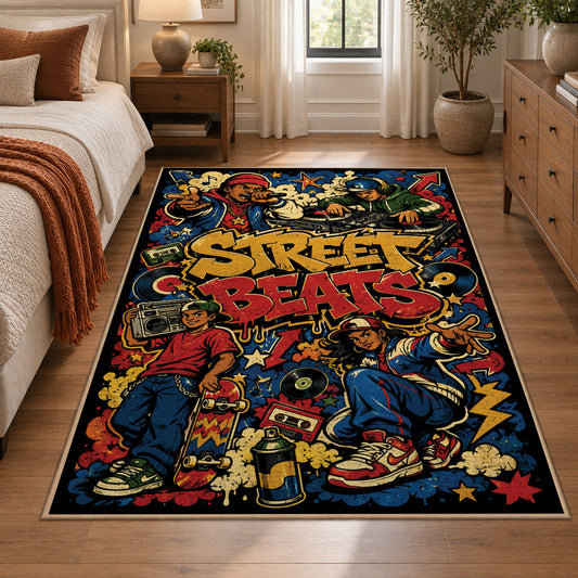 Graffiti Street Sound area rug displayed in a bedroom