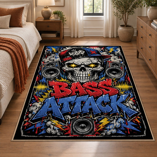 Boom Box Street Art area rug displayed in a bedroom