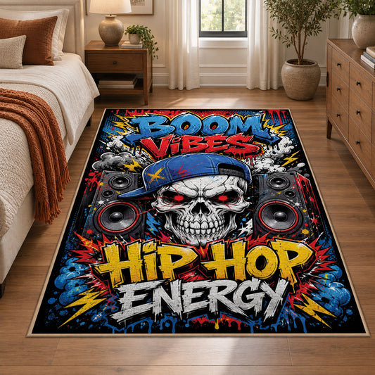 Hip Hop Energy area rug displayed in a bedroom