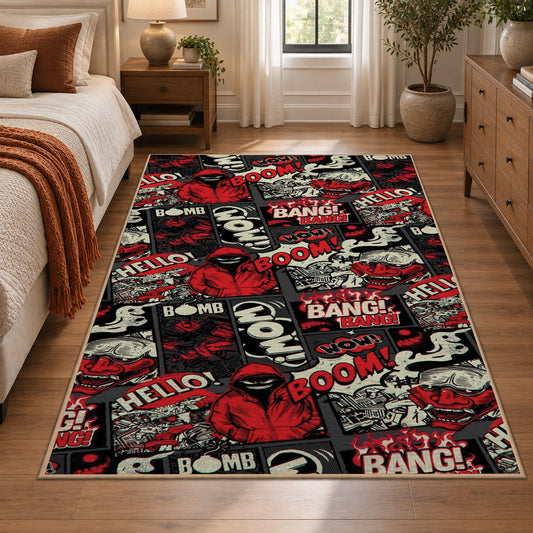 Urban Graffiti Collage area rug displayed in a bedroom