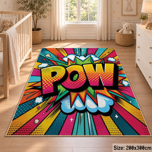 Comic Pow Burst area rug displayed in a nursery