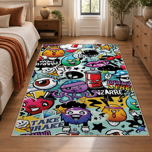 Comic Speech Bubble Collage area rug displayed in a bedroom